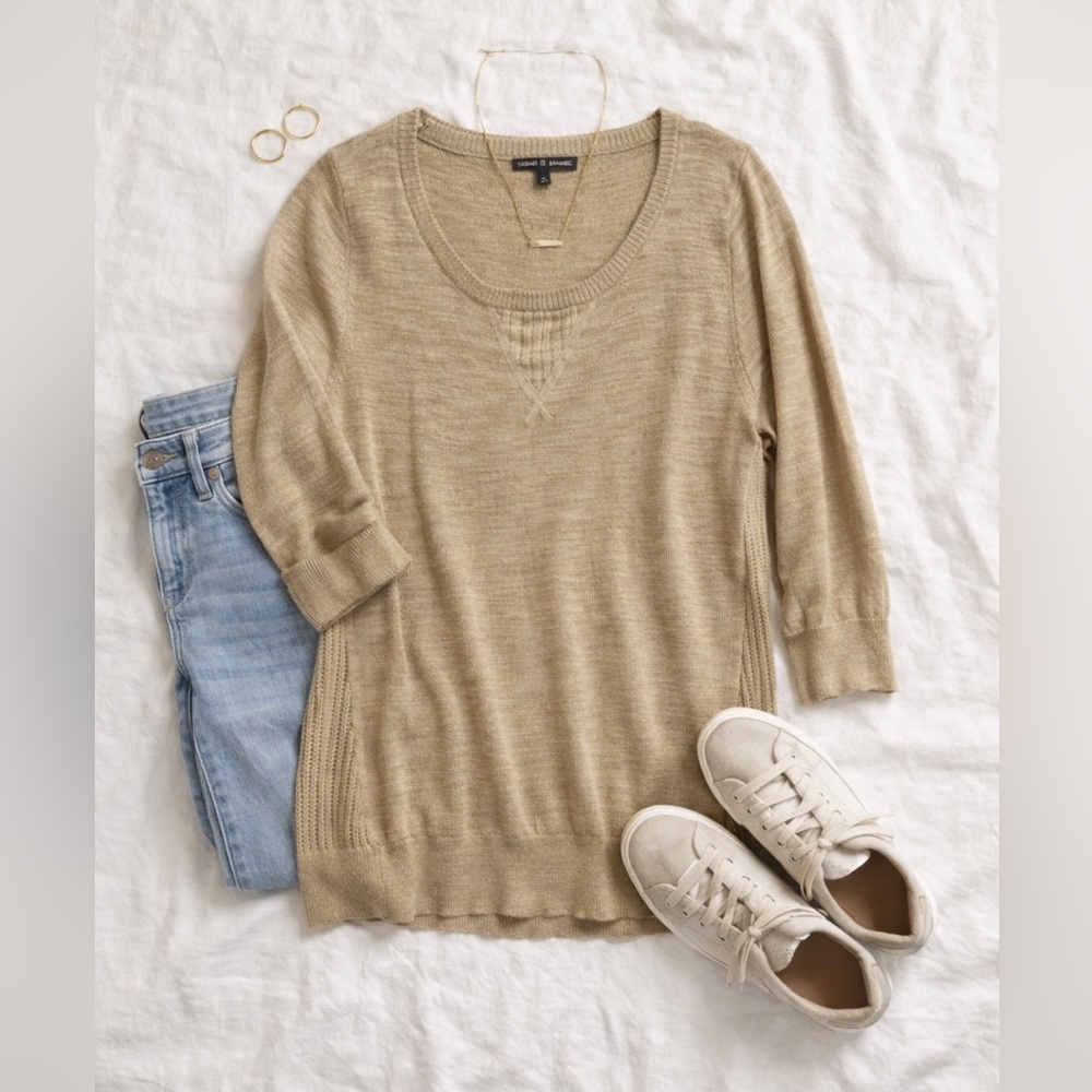 Cable & Gauge Tan Knit Sweater 3/4 Sleeve Lightweight Size Medium Boho Casual